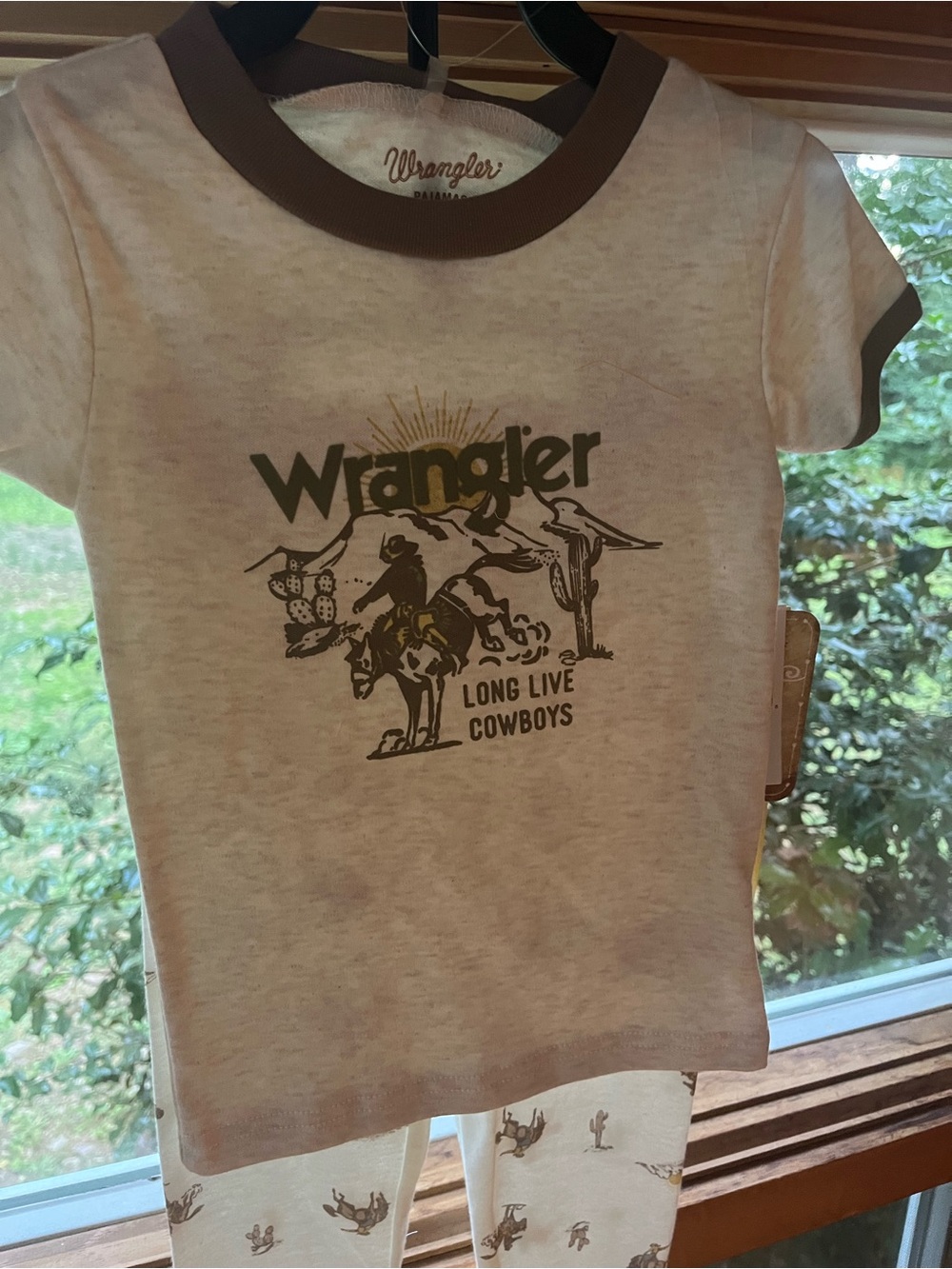 Wrangler Cream Short Sleeve Tee with Brown Trim and Western Graphic